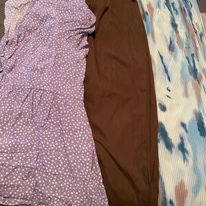 SHEIN Purple Floral dress, Brown, and Blue Patterned pants